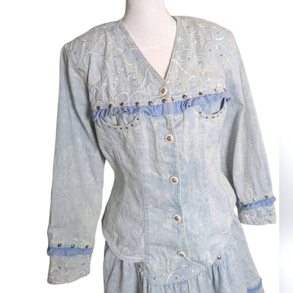 Vintage 90s Monique Fashions Blue Studded Stonewash Denim Jacket & Skirt Set L - Picture 4 of 14